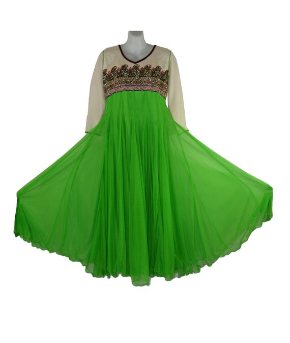 Vintage Lime Green and White Bollywood Beaded Empire Waist Dress Vintage Lime Green and White Bollywood Beaded Empire Waist Dress
