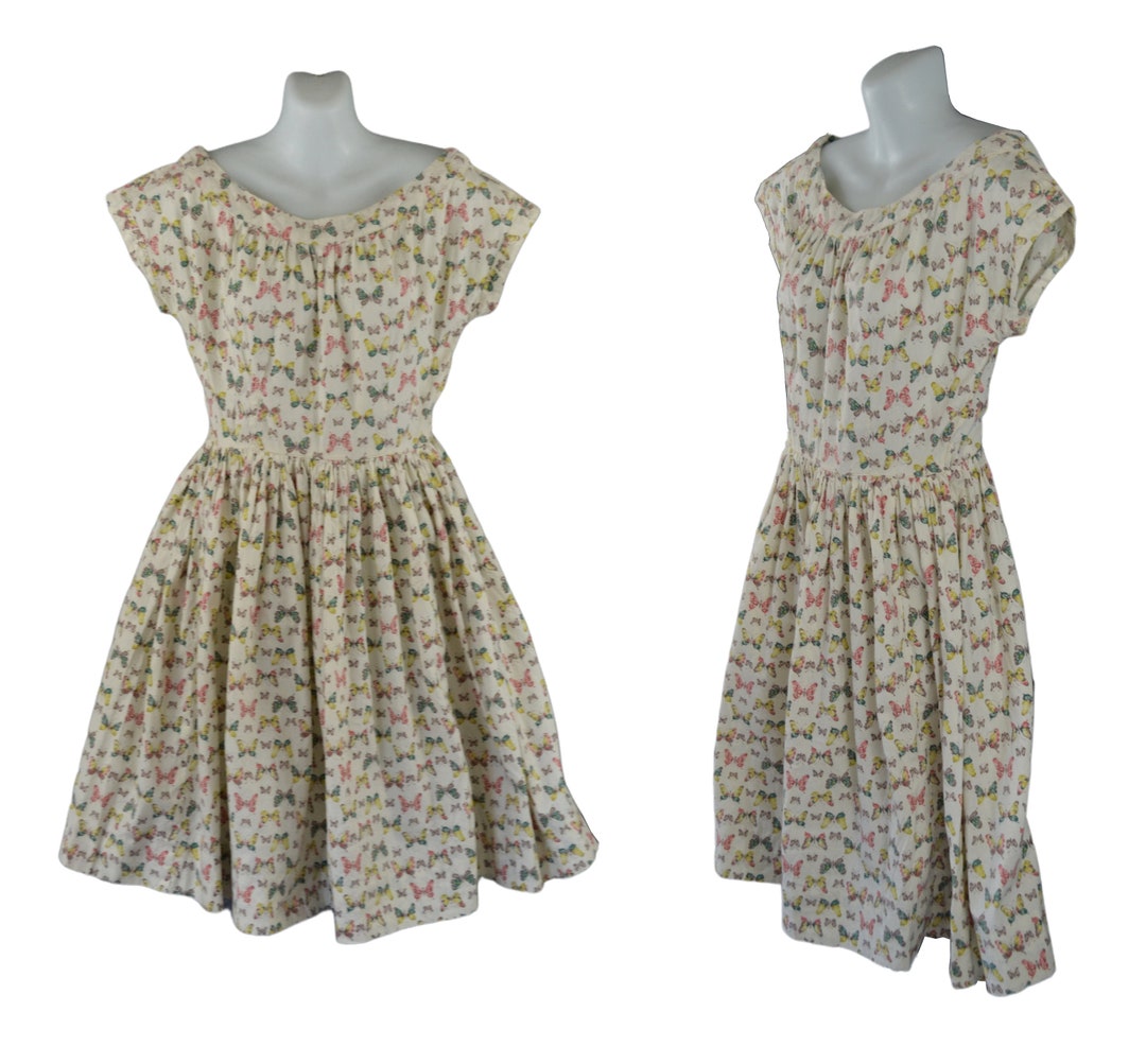1950s/1960s Ivory Butterfly Novelty Print Fit and Flare Dress - Etsy