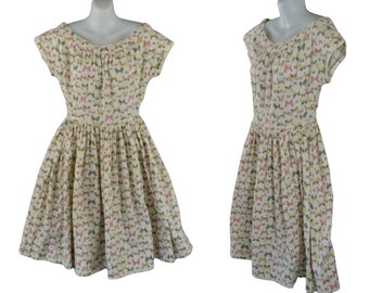 1950s/1960s Ivory Butterfly Novelty Print Fit and Flare Dress, 27 inch Waist