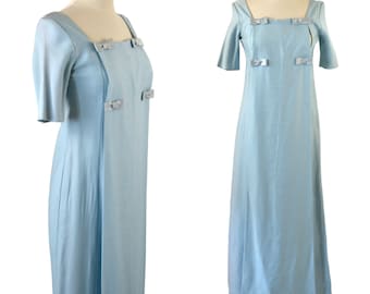 1960s/1970s Blue Short Sleeve Maxi Formal Gown, Bridesmaid, Prom Dress