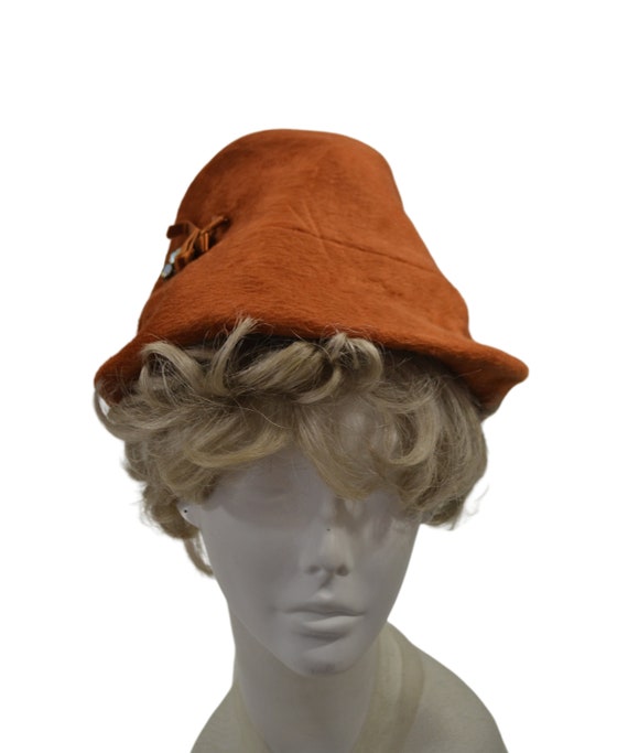 1970s Burnt Orange Mohair Velour Peach Basket Hat,