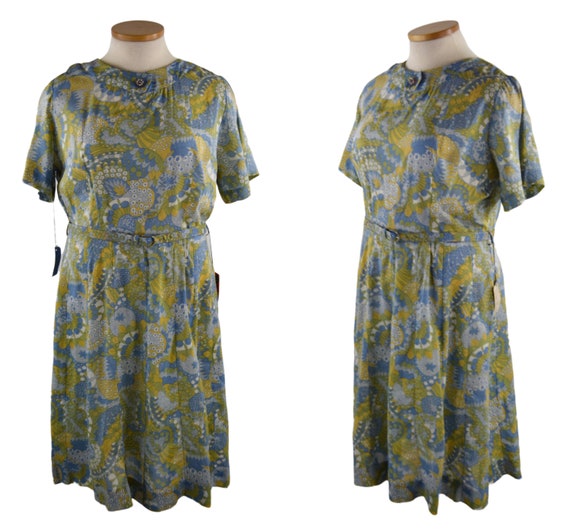 1950s NOS Blue, Green, Yellow and White Floral Pr… - image 1