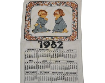 Vintage 1982 Kalender Leinen Geschirrtuch, 2 Kinder betend von Gindt International