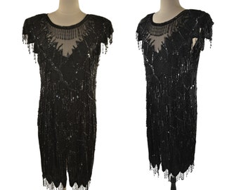 1980s Black Silk and Beaded Sheath Dress by Scala