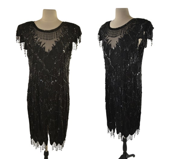 1980s Black Silk and Beaded Sheath Dress by Scala - image 1