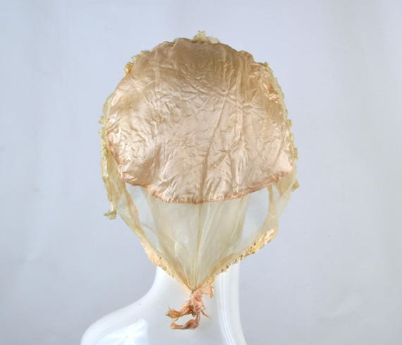 Antique Victorian Peach Silk Boudoir Cap, Handmad… - image 4