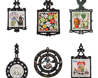 Vintage Cast Iron and Ceramic Tile Trivet, Floral Scrolled Pot Holder, Kitchen Decor