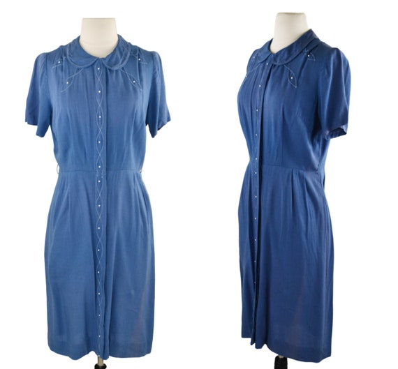 1950s Blue Linen Day Dress by Fashioned by Lampl,… - image 1