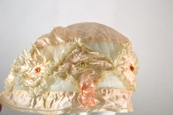 Antique Victorian Peach Silk Boudoir Cap, Handmad… - image 6