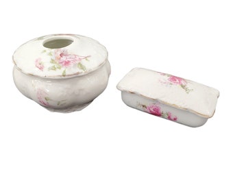 Vintage White Floral Porcelain Dresser Set, Round Hair Receiver and Trinket Box