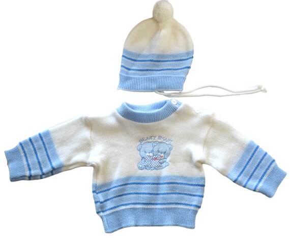 Vintage Infant White and Blue Striped Beary Smart… - image 1
