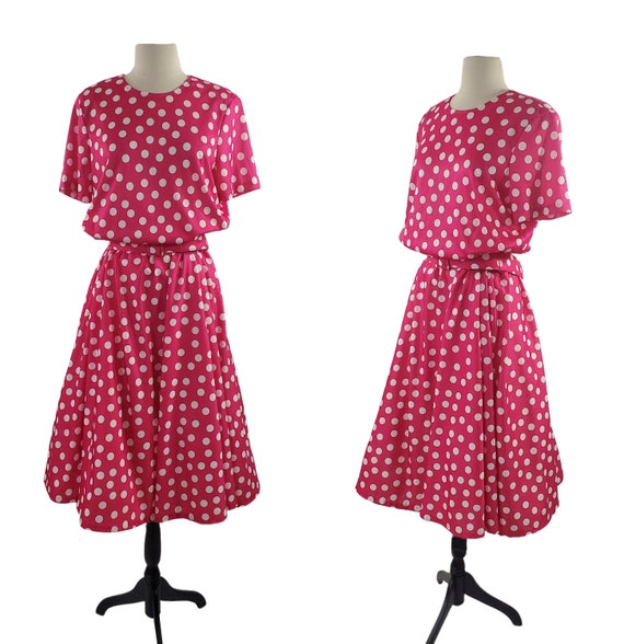 1970s/1980s Pink and White Polka Dot Dress by Sue 