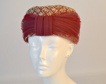 1960s Pink and Cream Bubble Raffia Turban Hat by The Bonnet Shop