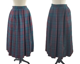 1980s Plaid Wool Blend Pleated Skirt, Vintage Crazy Horse (23 inch Waist)