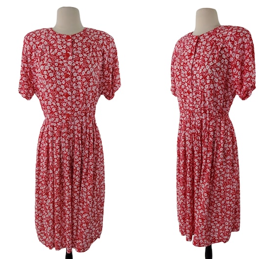 1980s Red with White Floral Print Dress by Cinnam… - image 1