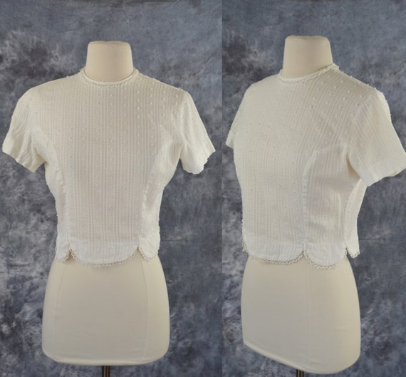 1960s White Dotted Swiss Scalloped Hem Short Sleeve Blouse | Etsy