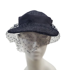 1950s/1960s Dark Blue Raffia Capulet Hat, Size 6 7/8