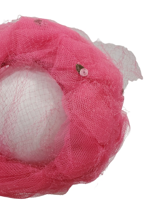 1960s Raspberry Pink Netting and Flower Fascinato… - image 4