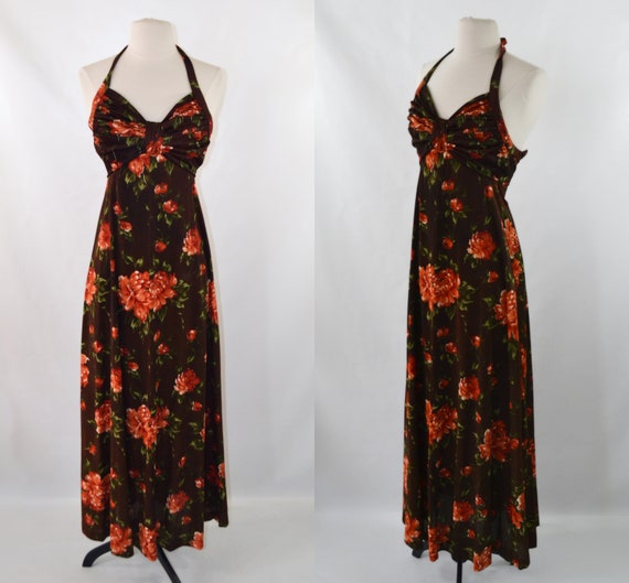 1970s Orange Floral Print Brown Halter Top Maxi Dr