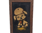 1960s Black Velvet Dog Painting, Framed 23" by 14"
