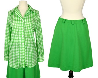 1970s Green and White Houndstooth Blouse and Green Skirt/Skort 2 Piece Outfit By Sears and Fountain Square