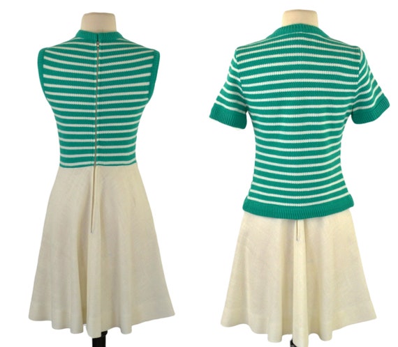 1960s Green Stripe Knit Dress Set, Linen Skirt - image 2