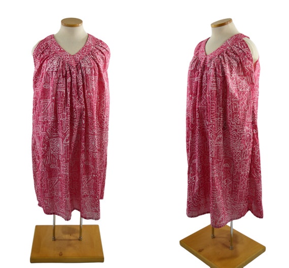 1980s/1990s Pink and White Tiki Print Muumuu Dres… - image 1