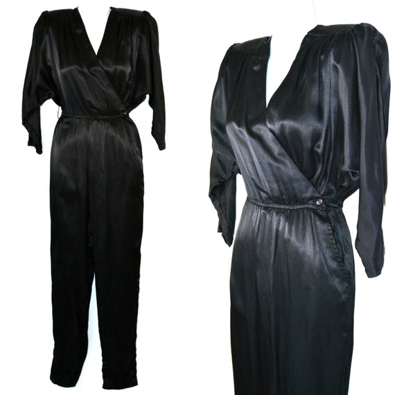 1980s Black Sateen Acetate Wrap Jumpsuit by All Th