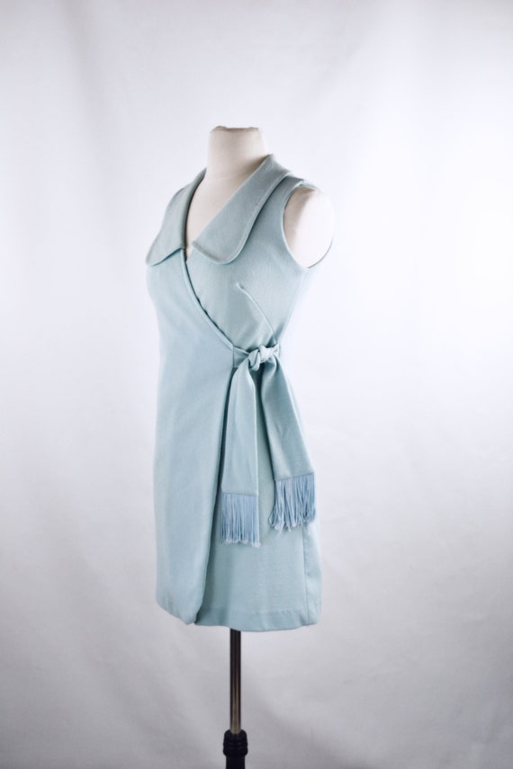 1960s/1970s Mint Blue Sleeveless Wrap Dress, Tass… - image 3