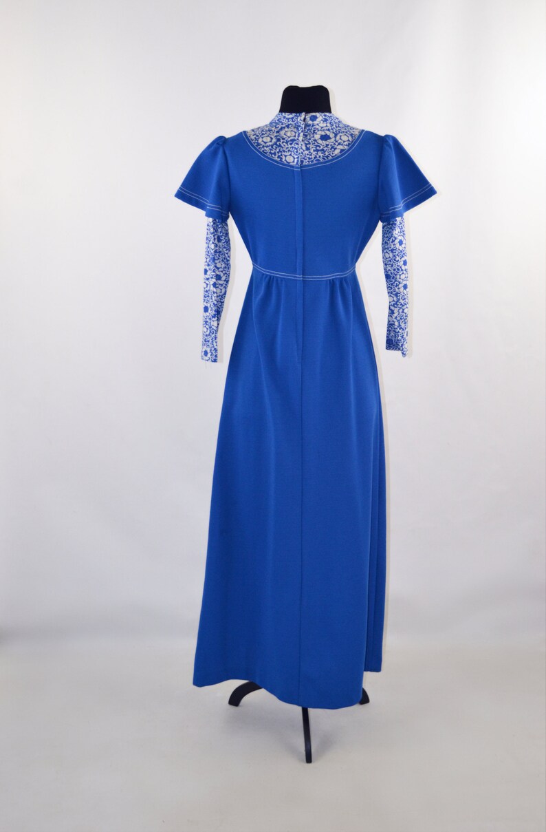 1970s Cerulean Blue and White Long Sleeve Maxi Dress, Full Length image 6