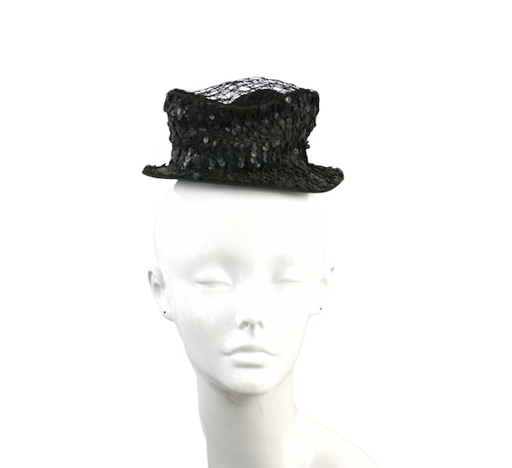 Vintage Black Sequin and Netted Mini Top Hat by E… - image 1