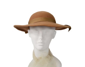 1960s Camel Brown Felted Wool Brimmed Hat by Geo. W. Bollman & Co Inc, Size 6 7/8