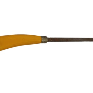 May include: A yellow plastic handled metal sharpening steel. The steel is rusty and has a pointed tip.