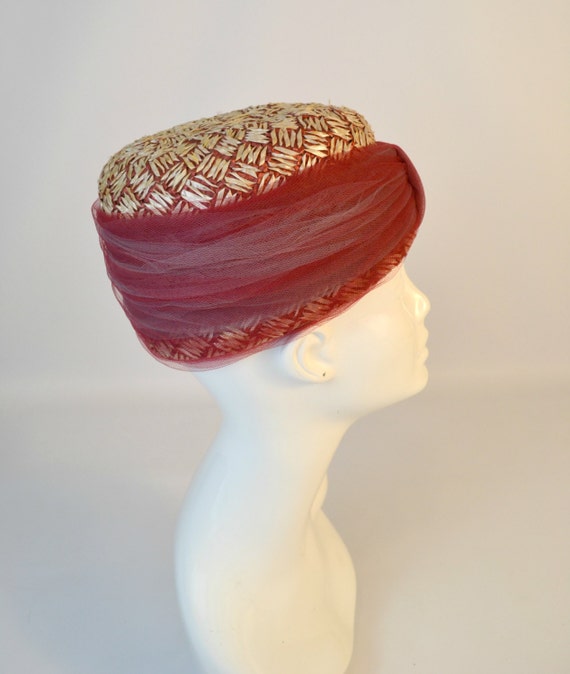 1960s Pink and Cream Bubble Raffia Turban Hat by … - image 2