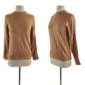 May include: A brown long-sleeved sweater with a round neckline.