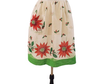 Vintage White Organza Holly Berry and Poinsettia Half Apron