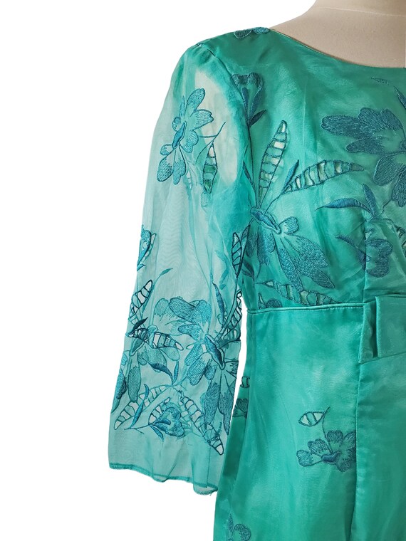 1960s Teal Cut-out Overlay Floral Cocktail Dress - image 7