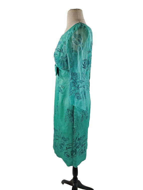 1960s Teal Cut-out Overlay Floral Cocktail Dress - image 6