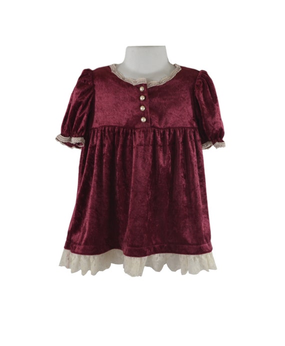 1980s Holiday Baby Girl Cranberry Velvet Dress by… - image 1
