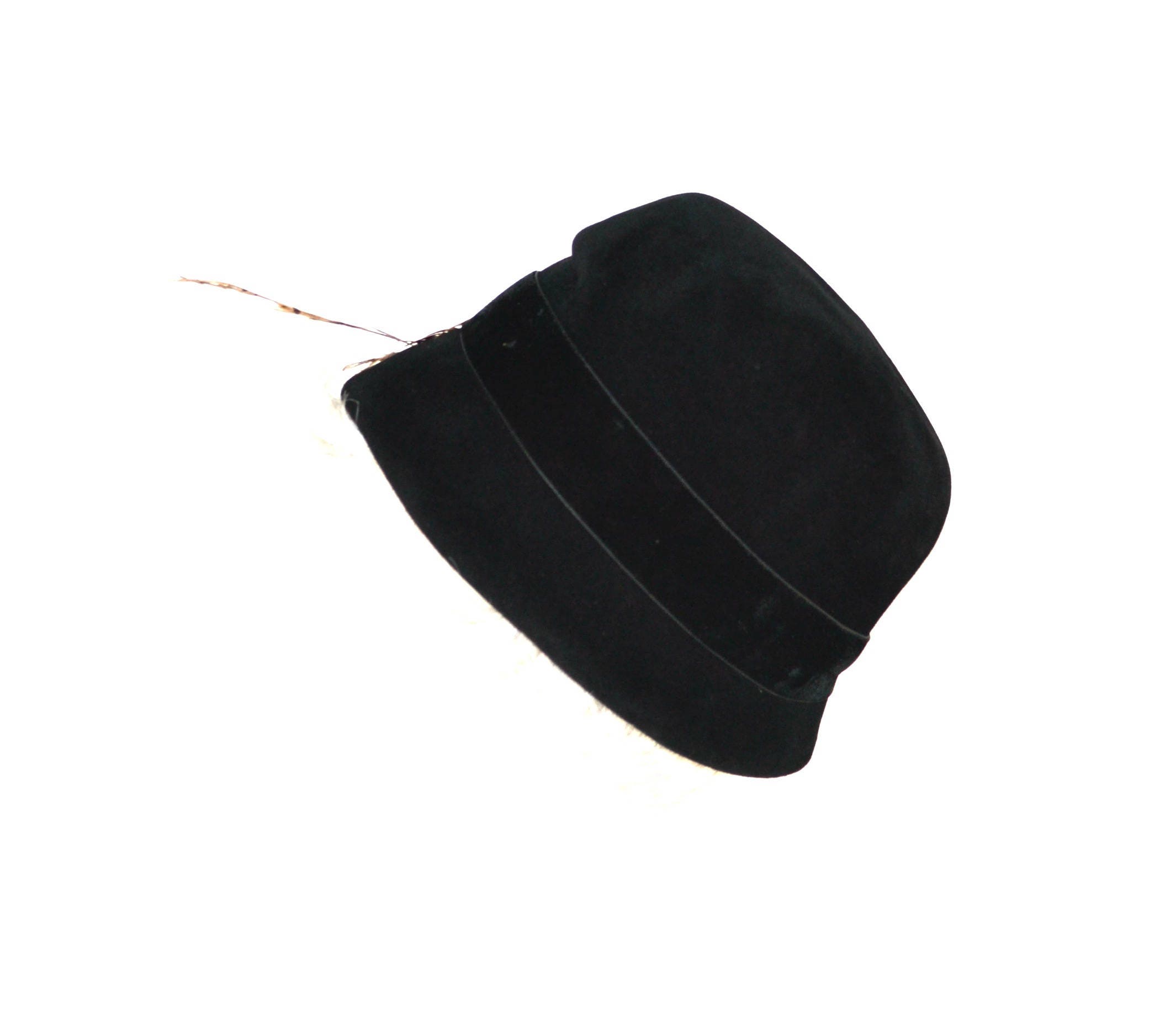 Vintage Lazarus Black Velvet Felt Cloche Hat w/ Ribbon 21\
