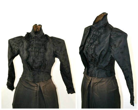 1880s/1890s Victorian Black Damask Ruffled Jacket,