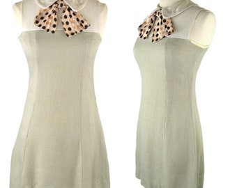 1960s White and Khaki Color Block Sleeveless Dress, A-Line Sheath Dress, Polka Dot Bow