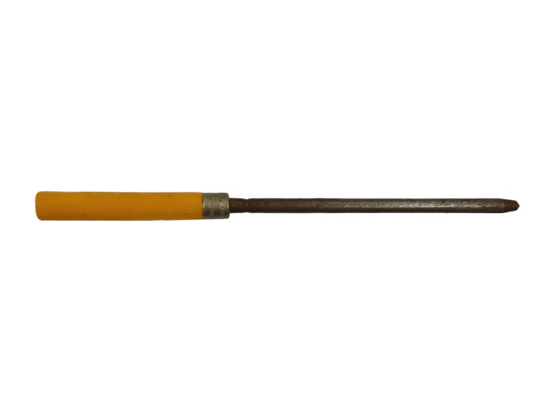 May include: A yellow handled metal sharpening steel for knives.