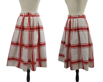 1950s/1960s White and Red Large Polka Dot Plaid Print Skirt, Needs TLC