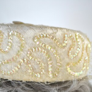 1980s Ivory Velour and Iridescent Sequin Pillbox Hat, Church, Wedding image 2