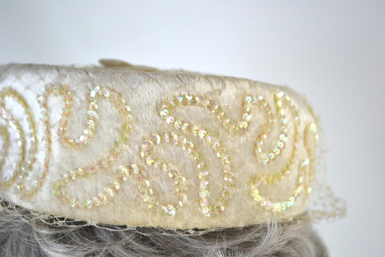 1980s Ivory Velour and Iridescent Sequin Pillbox Hat, Church, Wedding image 2