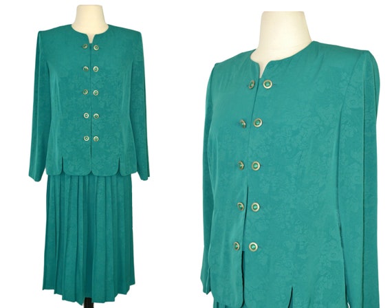 1980s Dark Teal Blouse and Knife Pleat Skirt Flor… - image 1