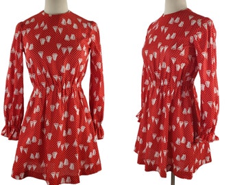 1970s Red and White Polka Dot with Sailboat print Long Sleeve Mini Dress