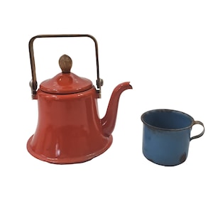1960s Orange Enamelware Teapot with Wooden Handle, Does Not Hold Water, Decor Piece Only