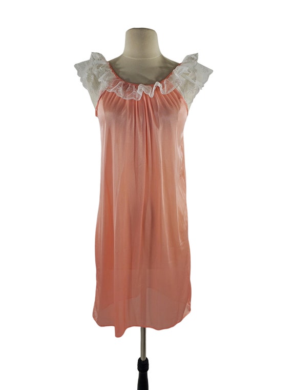 1960s/1970s Pink Coral and White Lace Nylon Night… - image 2